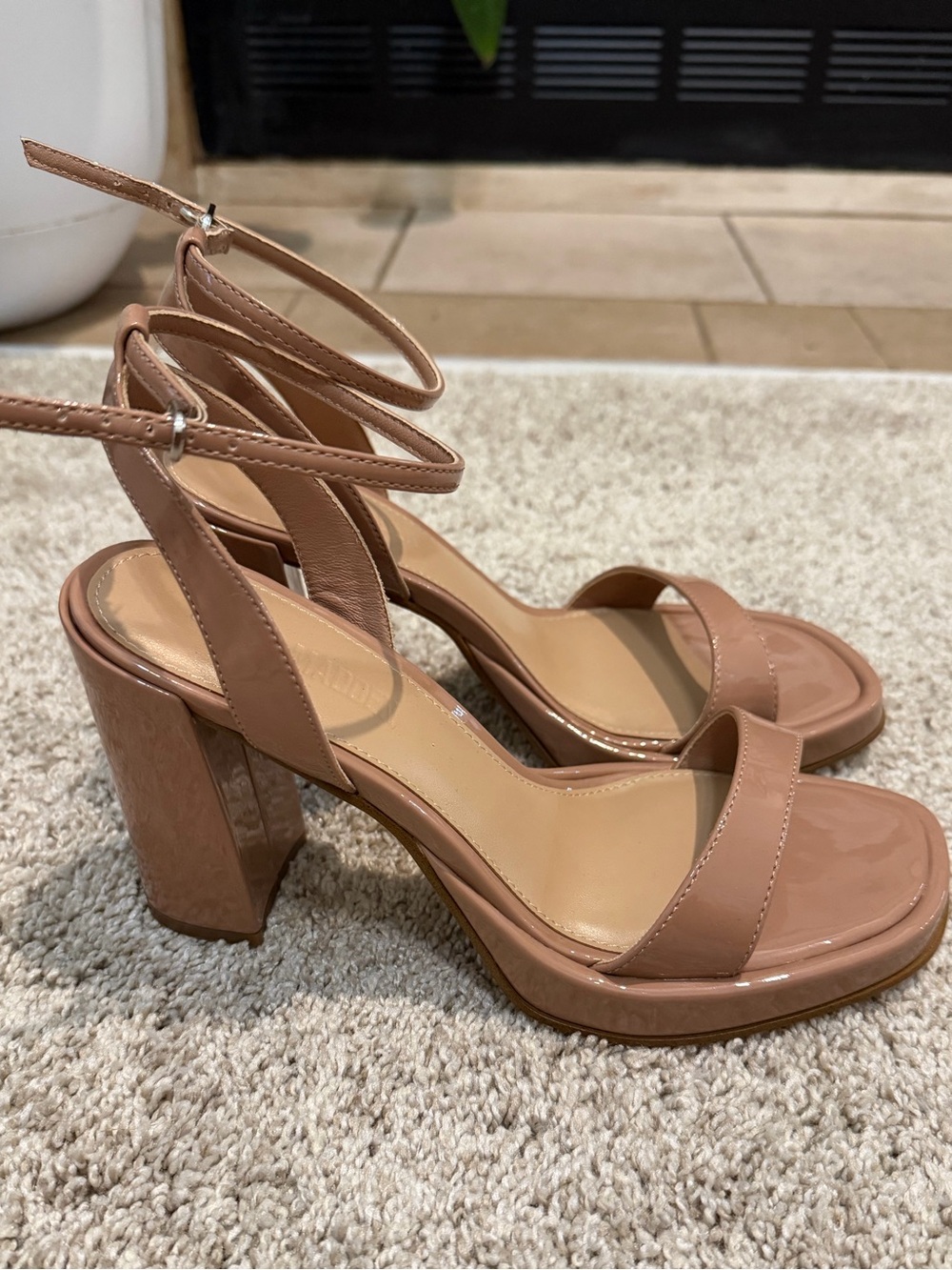 Women's Nude Patent Steve Madden Block Heel Sandals with Ankle Strap